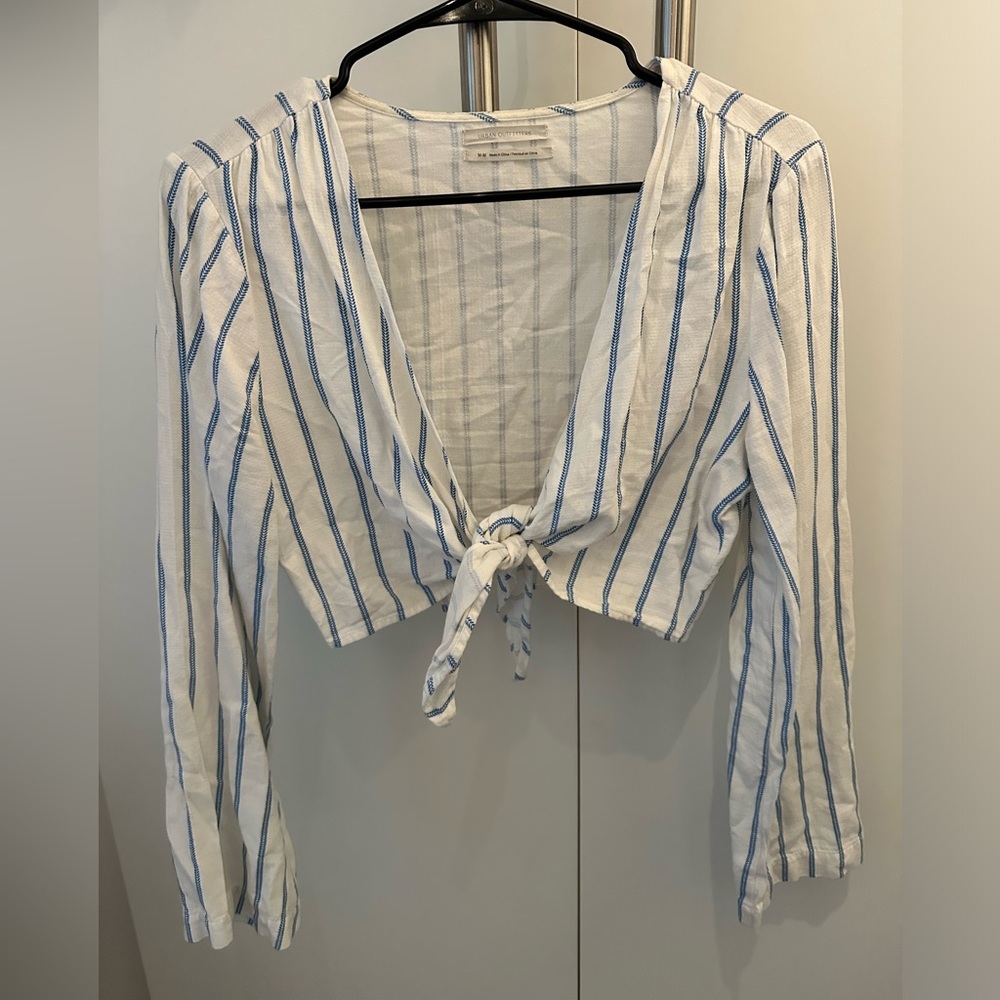 Urban Outfitters Tie Front Striped Cropped Linen Long Bell Sleeves